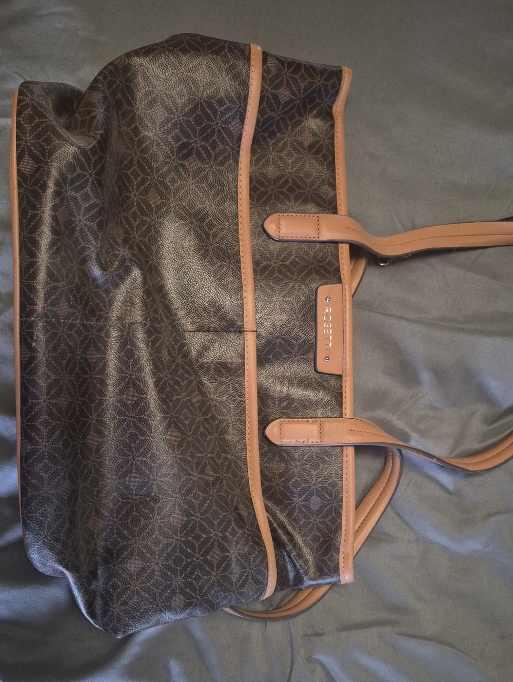 Brown Patterned Tote with Tan Trim